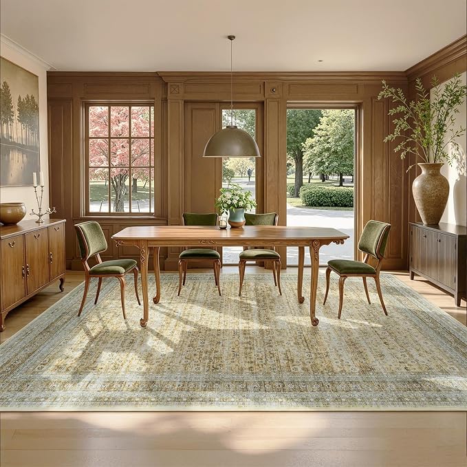 9x12 Area Rugs for Living Room Bedroom, Washable Large Rugs Non-Slip | Vintage Distressed Retro; Low Pile; Stain Resistant; Neutral Boho Carpet for Dining Room, Nursery, Home Office; Oatmeal Beige