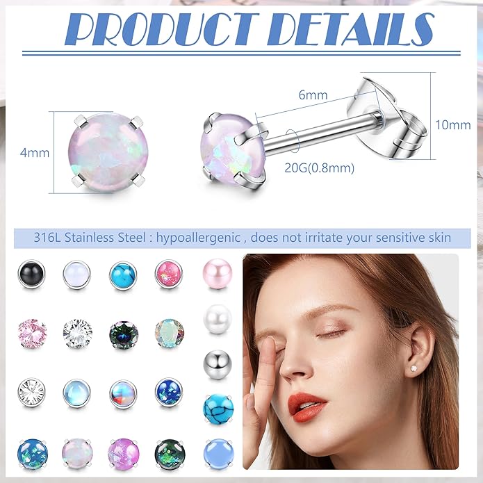 YADOCA 21 Pairs Hypoallergenic Surgical Steel Stud Earrings for Women Men Tiny Small CZ Opal Moonstone Turquoise Earrings Studs Set Piercing Jewelry