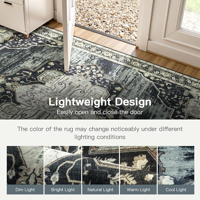 Lofus 8x10 Washable Rugs Non-Slip, Vintage Floral Area Rug for Living Room Bedroom Dining Room Kitchen, Low Pile Distress Print Medallion Carpet Home Decor Rug, Black Beige