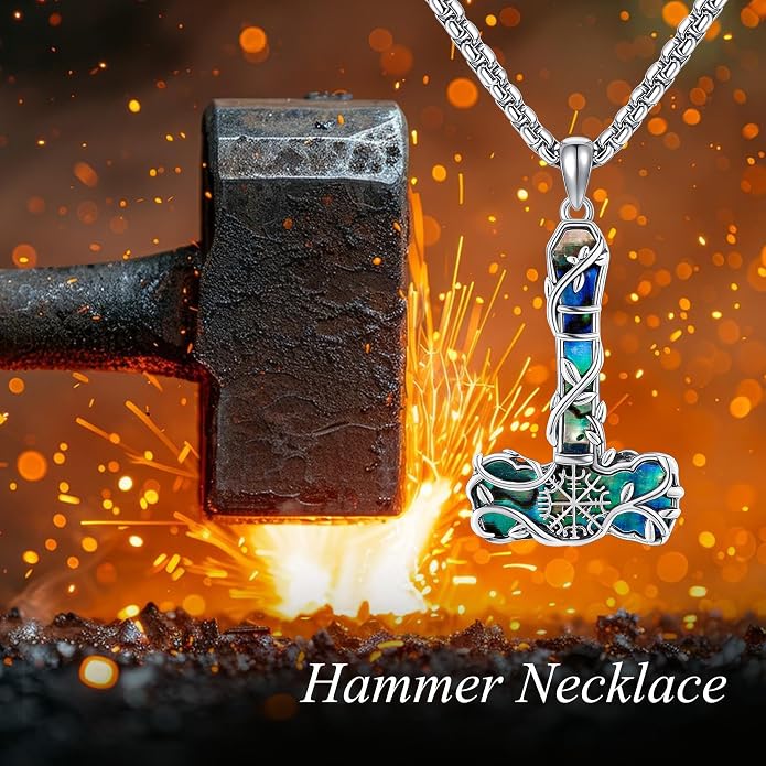 Thors Hammer Necklace 925 Sterling Silver Abalone Shell Mjolnir Amulet Pendant Nordic Jewelry for Women Men