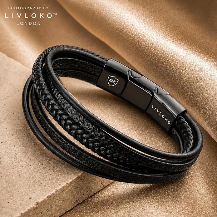 LONDON Mens Bracelet Leather Black Multi-Layer Stone Beads Adjustable Steel Clasp Viking Rope Bands Surfer Man Wristband Male UK Jewellery Gift box Boyfriend Dad Son Brother Tiger Eye