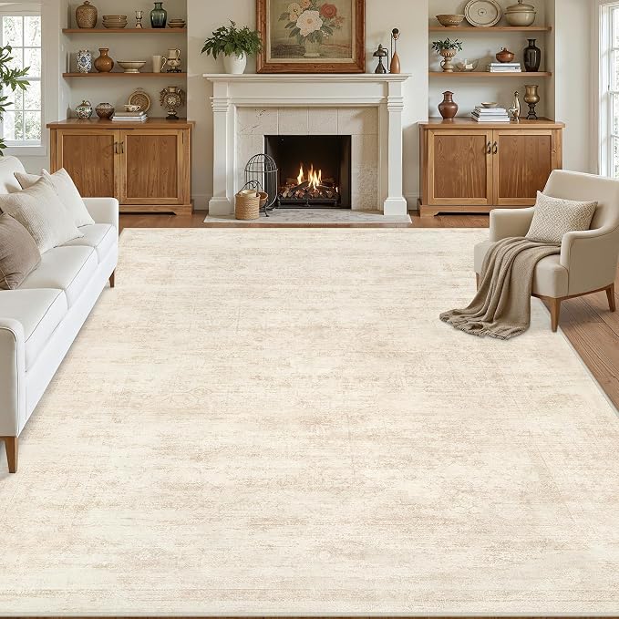 10x14 Area Rug for Living Room: Vintage Boho Neutral Washable Rug Indoor Soft Large Area Rug Carpet for Bedroom Nursery Farmhouse Dining Room Office Floor Non-Slip Low Pile Under Table Rug Retro Beige