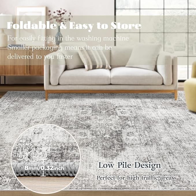 Area Rug 8x10 Washable Rug, Vintage Boho Medallion Rugs Non-Slip Soft Low Pile Large Distressed Rug Indoor Retro Carpet for Living Room Bedroom Dining Room Home Office (Grey, 8'x10')