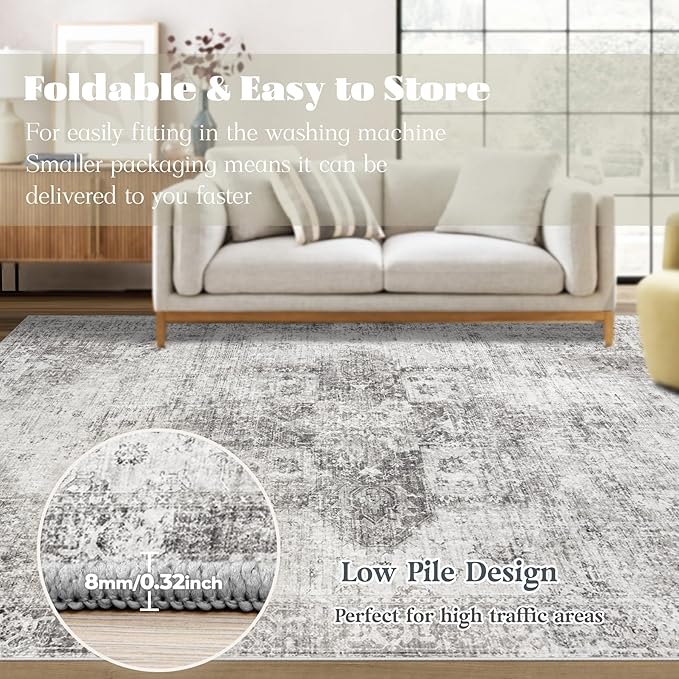 Area Rug 9x12 Washable Rug, Vintage Boho Medallion Rugs Non-Slip Soft Low Pile Large Distressed Rug Indoor Retro Carpet for Living Room Bedroom Dining Room Home Office (Grey, 9'x12')