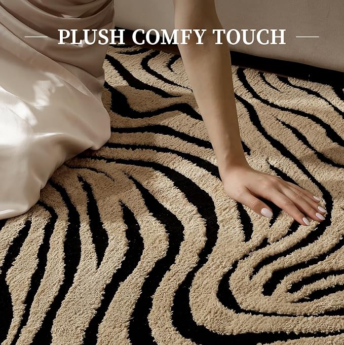 YIHOUSE 8×10 Ft Zebra Area Rugs Black and Beige: Washable Nonslip Plush Soft Rug for Living Room - High-Low Striped Carpet for Bedroom Dining Room Office Playroom Nursery Home Decor