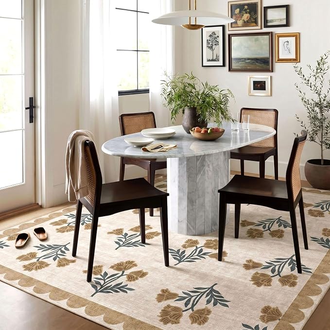 Beige Square Rug 5ft - Soft Washable Boho Farmhouse Bedroom Rug Non Slip 5x5 Stain Resistant Cottage Neutral Scalloped Area Rugs for Living Room Entryway Kitchen Dining Room Bathroom Nursery