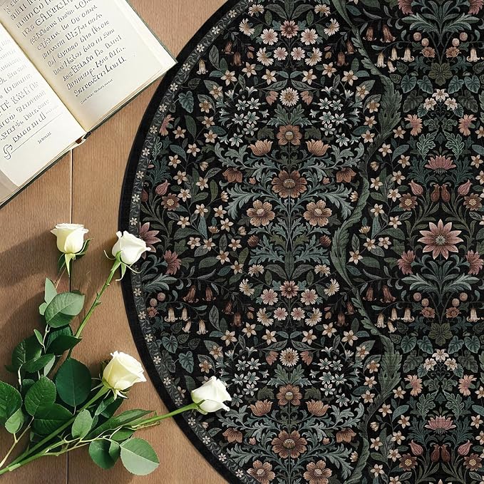 Round Rug 8ft Black Washable Floral Circle Rug,Vintage Boho Botanical Round Area Rugs, Non-Slip Soft Low-Pile Circular Carpet for Bedroom,Kids Room,College Dorm,Home Decor