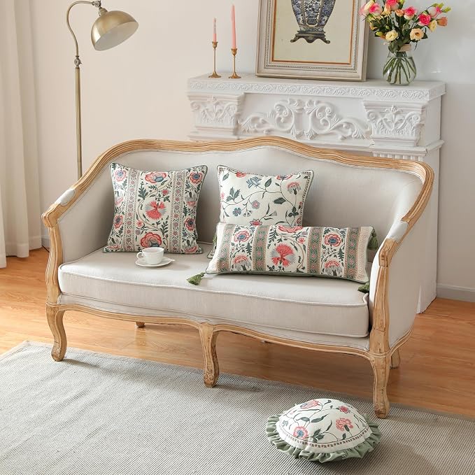 ISAENNE French Linen Rectangle Throw Pillow Cover,Set of 2,20"x12"-Daffy B | Designer French Elegant Pillow Cover,Concealed Zipper Design,Floral Pattern,Sofa,Bedroom,Living Room,Lounge Chairs
