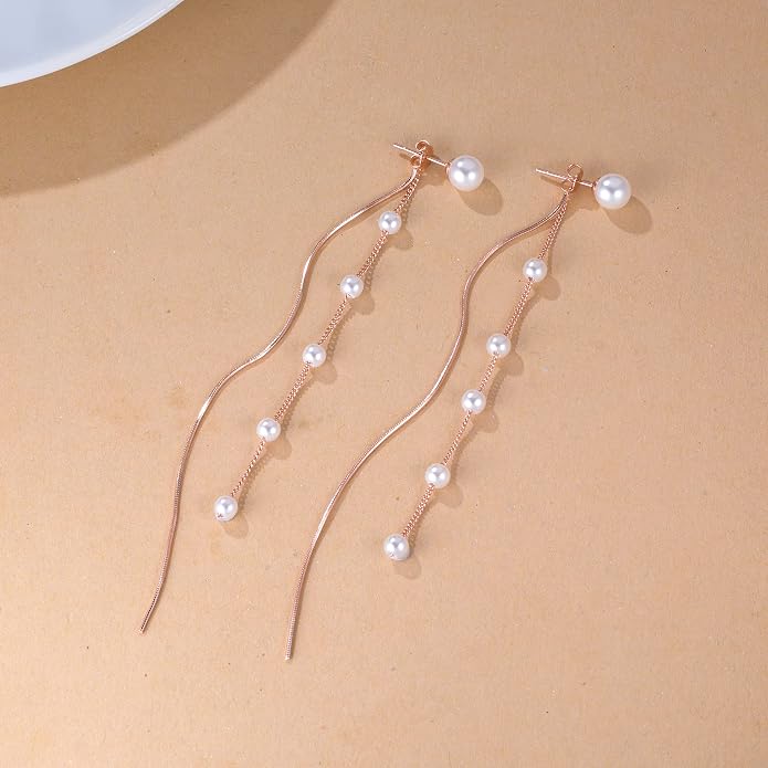 SLUYNZ Solid 925 Sterling Silver Simulated Shell Pearl Dangle Earrings Chain for Women Teens Elegant Long Dangle Earrings Tassel Wedding Bridal Earrings Prom Party Engagement Jewelry