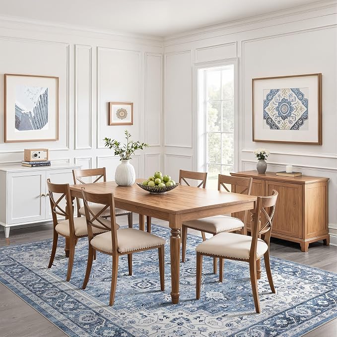 6x8 Area Rug Living Room: Washable Boho Large Neutral Vintage Soft Rug Stain Resistant Farmhouse Non-Slip Indoor Floor Retro Carpet for Bedroom Nursery Kids Office Dining Room- Blue Gray