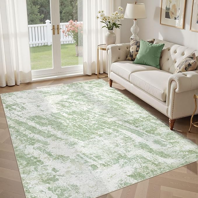 DMOYEST 5x7 Washable Area Rug: Abstract Modern Non-Slip Carpet, Soft Low Pile Indoor Neutral Easy Clean Floor Rugs for Living Room Bedroom Dining Room Kids & Pets - Green