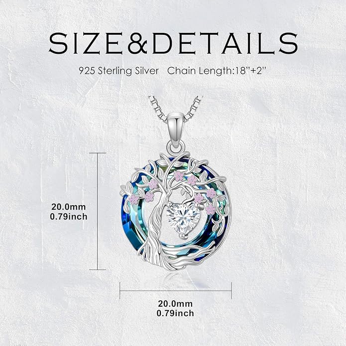 Tree of Life Birthstone Necklace 925 Sterling Silver Crystal Tree of Life Pendant Birthstone Jewelry Birthday Christmas Gifts for Women Mom Her Wife