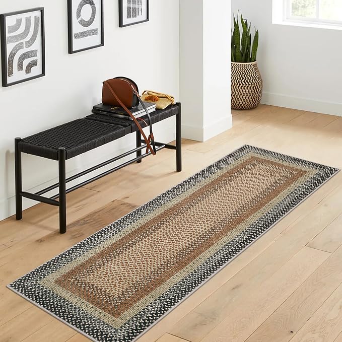 RUGSREAL Washable Runner Rug 2x8 Non Slip Braided Hallway Runner Rug Stain Resistant Kitchen Runner Mat Farmhouse Printed Rustic Accent Area Rug for Living Room Bathroom Entryway, Sand/Bronze