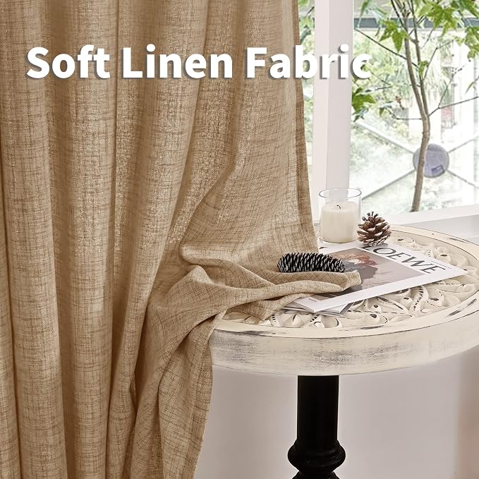 YoungsTex Burlap Linen Curtains 40 Inch Long for Kitchen Cafe Window, Short Semi Sheer Drapes Textured with Bronze Grommet Light Filtering for Bathroom Bedroom, Toffee, 2 Panels, 42 X 40 Inch