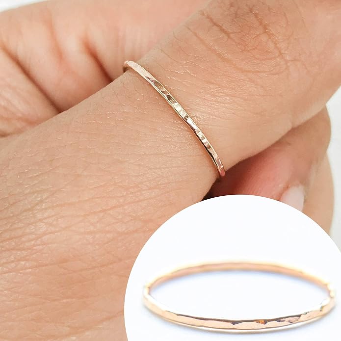 Ellie J Maui Hammered Ring, 1mm Thin Stacking Rings, Minimalist Rings for Women, 14K Gold Filled Rings for Teen Girls Midi Knuckle Pinky Finger Jewerly (Size 3-11)