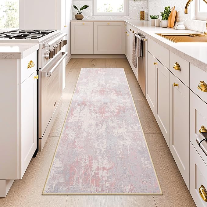RELEANY Washable Area Rugs 2'x6' Non-Slip Modern Abstract Soft for Living Room Entryway Bedroom Kitchen, Print Pattern, Grey Pink