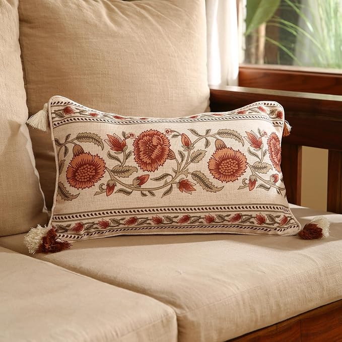 ISAENNE Designer French Linen Throw Pillow Cover,Set of 2,20"x12"-Albano C | Elegant Rectangle Pillow Cover,Concealed Zipper Design,Floral Pattern,Sofas,Bedroom,Living Room,Lounge Chairs,Decor