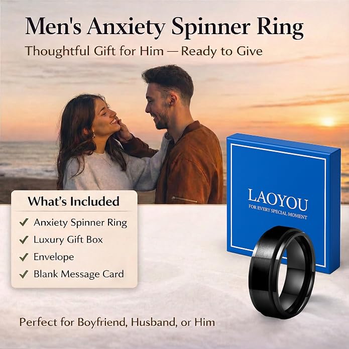 LAOYOU Fidget Anxiety Ring for Men | 8mm Spinner Band for Calming, Worry, Stress Relief & Mindfulness | Hypoallergenic Stainless Steel Comfort Fit Non Tarnish