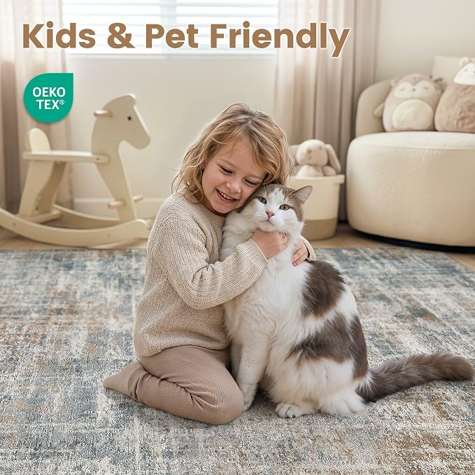 cotiled Washable 9x12 Area Rug for Living Room - Modern Abstract Carpet with Non-Slip Backing, Low Pile & Soft, Stain Resistant, Kid & Pet Friendly Decor for Bedroom & Dining Room - Blue Brown