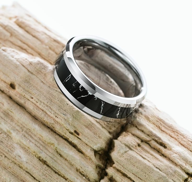 King Will Black Tungsten Wedding Band For Men, 8mm Promise Ring Inlay Red Twill Pattern/Colorful Wood Chips, High Polished Beveled Edge - Suitable For Daily Wear, Comfort Fit Size 7-14