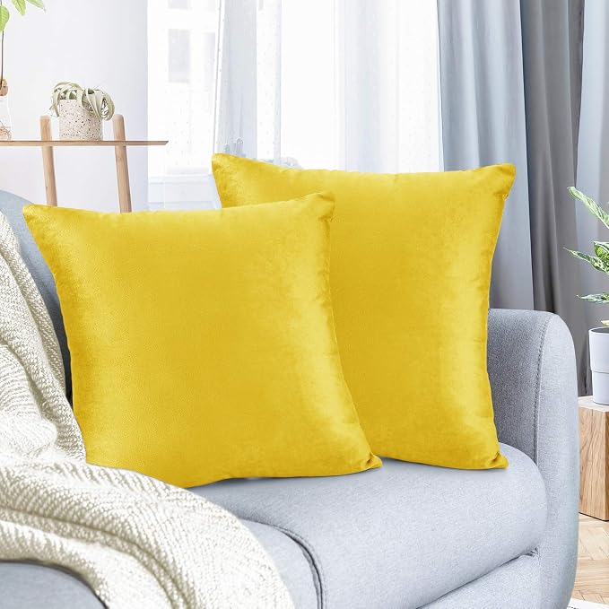 Nestl Throw Pillow Covers, Cozy Velvet Decorative Pillow Cases 24 x 24 Inches, Soft Solid Couch Pillow Covers for Sofa, Bed and Car, Set of 2 - Yellow