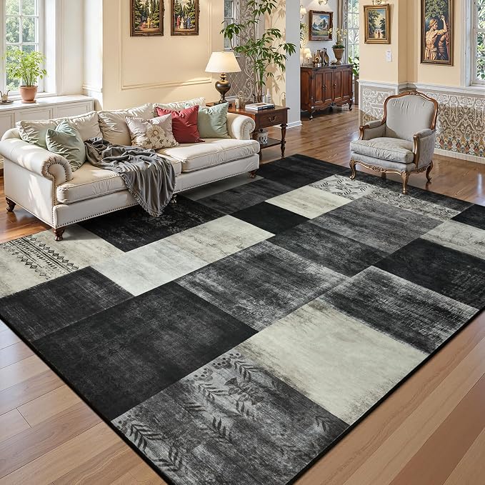DweIke Washable Area Rugs 5x7 for Living Room, Modern Geometric Black White Soft Patchwork Carpet, Non-Slip Stain Resistant Throw Rug for Bedroom Dining Room Office Home Decor