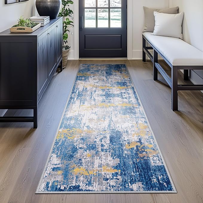 RELEANY Washable Area Rugs 2'x8' Non-Slip Modern Abstract Soft for Living Room Entryway Bedroom Kitchen, Print Pattern, Grey Blue Gold/Golden