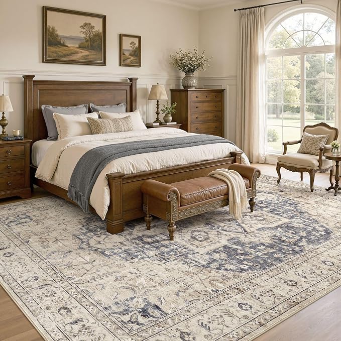 Tortania Area Rug Living Room Rugs - 10x12 Washable Boho Rug Vintage Oriental Distressed Farmhouse Large Thin Indoor Carpet for Living Room Bedroom Under Dining Table Home Office - Cream Blue