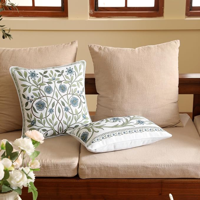 ISAENNE Designer Linen Throw Pillow Cover,Set of 2,18"x18"-Mosella A | Vintage Elegant Square Decor Pillow Cover,Concealed Zipper Design,Floral Pattern,Sofa,Bedroom,Living Room,Lounge Chairs