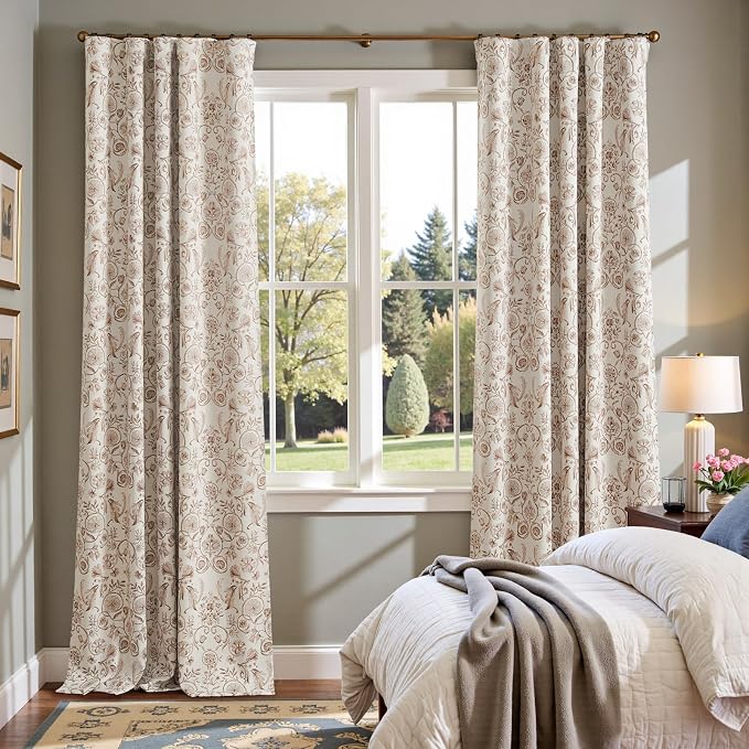jinchan Taupe Floral Blackout Curtains 96 Inch Farmhouse Back Tab 2 Panels | Taupe on beige, room darkening, traditional vintage drapes, bedroom, living room, botanical, flower print, window treatment