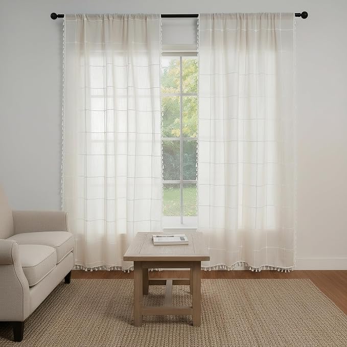 ColorBird Beige Plaid Curtains 84 Inches Long, White Embroidered Gingham Boho Farmhouse Curtains & Drapes for Living Room, Linen Texture Light Filtering Window Treatment for Dining Bedroom