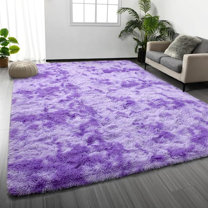 Deerhoo Large Shag Area Rugs 8 x 10, Tie-Dyed Plush Fuzzy Rugs for Living Room, Ultra Soft Fluffy Furry Rug for Bedroom, Indoor Carpet Nursery Rugs for Kids Room Home Decor, Purple