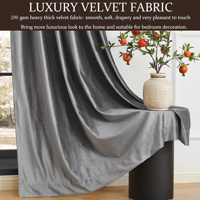 100% Blackout Grey Velvet Curtains 90 inch Long for Living Room,Elegant 2 Panels Back Tab Thermal Insulated Room Darkening Curtain with Liner Heavy Noice Reducing Soundproof Window Drapes for Bedroom