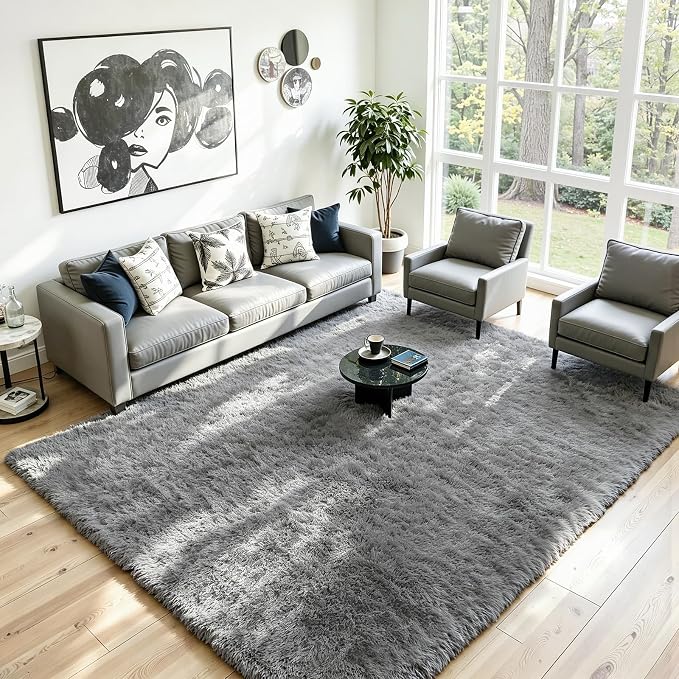 8x10 Area Rug for Living Room, Ultra Soft Fluffy Light Grey Rugs for Bedroom, Non Slip Large Shag Carpet, Fuzzy Plush Nursery Rug, Thick Washable Indoor Floor Carpets for Kids Office Dorm Home Decor