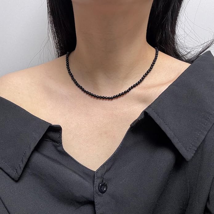 Kakikaki Natural Agate Choker Necklace Sterling Silver Round Beads Strand Necklace for Women