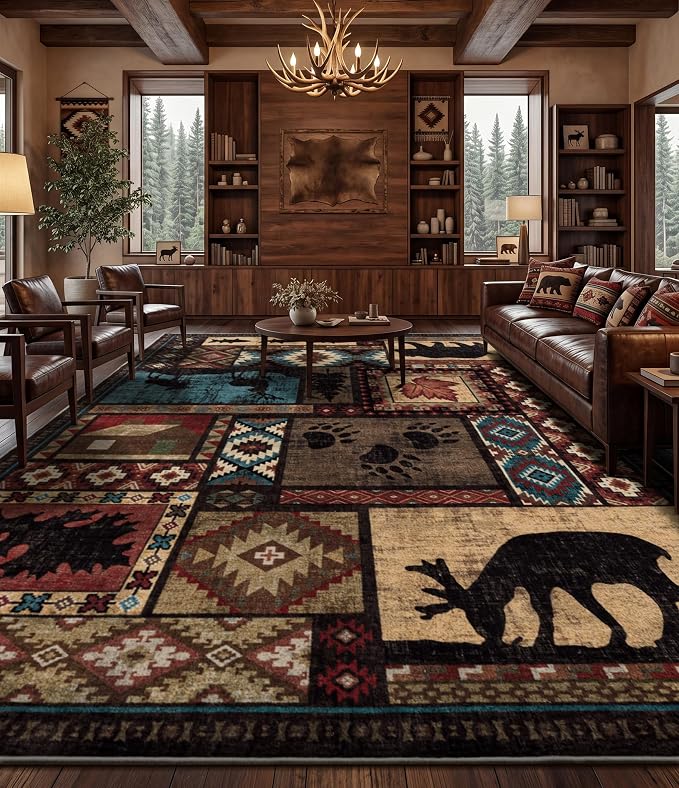 YIHOUSE Rustic Cabin Rugs for Living Room 10x14, Wildlife Bear & Deer Area Rug, Washable Southwestern Lodge Large Area Rug