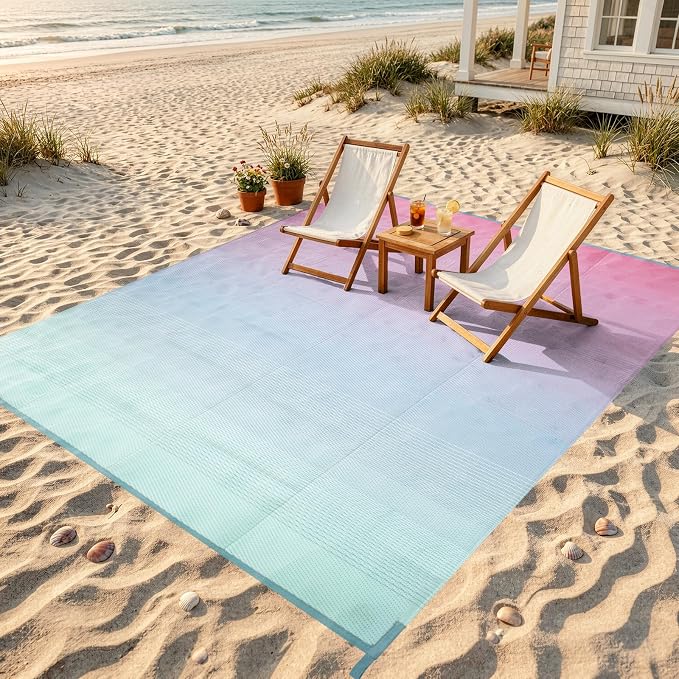 Lahome Reversible Rv Rugs for Outside Camping, 8x10 Waterproof Outdoor Pool Beach Area Rugs, Portable Lightweight Plastic Straw Carpet for Porch Backyard Garden, Pink Blue 8'x10'