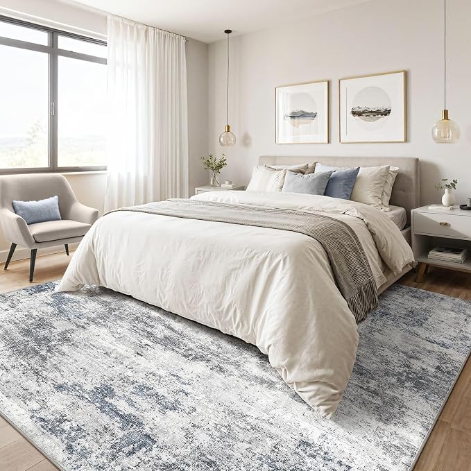 Area Rugs 9x12 Living Room: Washable Large Abstract Neutral Modern Soft Rugs Stain Resistant Indoor Floor Non-Slip Accent Carpet for Bedroom Nursery Playroom Office Dining Room Home Decor- Blue Gray