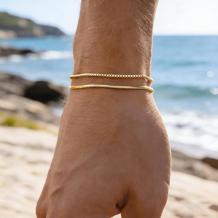 Gold Bracelets for Men Trendy - Dainty Gold Plated Stainless Steel Snake Link Bracelet Stack Rope Figaro Herringbone Chain Bracelets Set Adjustable Cuban Link Bracelet for Men Birthday Gifts for Man