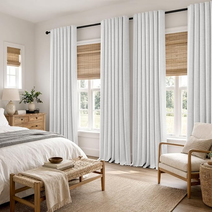 MIULEE 100% Blackout Linen Curtains 42 x 90 Inch Heathered White 2 Panels | Thermal Insulated, Room Darkening Drapes for Bedroom Living Room, Back Tab Rod Pocket Pinch Pleated, Solid Luxury Decor