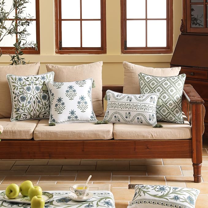 ISAENNE Designer Elegant Linen Throw Pillow Cover,Set of 4-Mosella ABCD | French Cottage Pillow Cover,Concealed Zipper,Floral Pattern,Sofas,Bedroom,Living Room,Lounge Chairs,All Season Home Decor