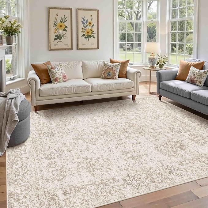 Rugxara 5X7 Washable Area Rug for Living Room, Vintage Neutral Large Boho Rugs for Office, Dining Room, Kids Room, Farmhouse, Durable Low Pile Non Slip Carpet for High Traffic Areas, Light Bown