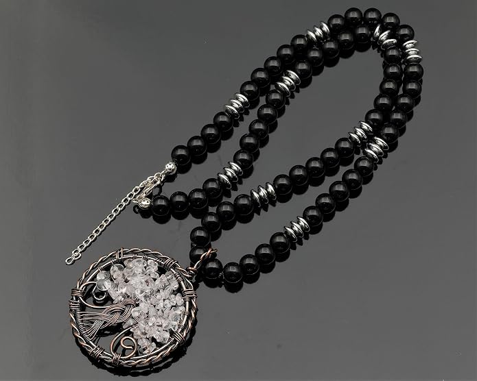 ElisaJewelryArt - Natural Amethyst Big Tree Of Life Pendant Black Onyx Stone Beaded Necklace Genuine Gemstone Feng Shui Stone Clasp Closure Necklace Unisex Necklace