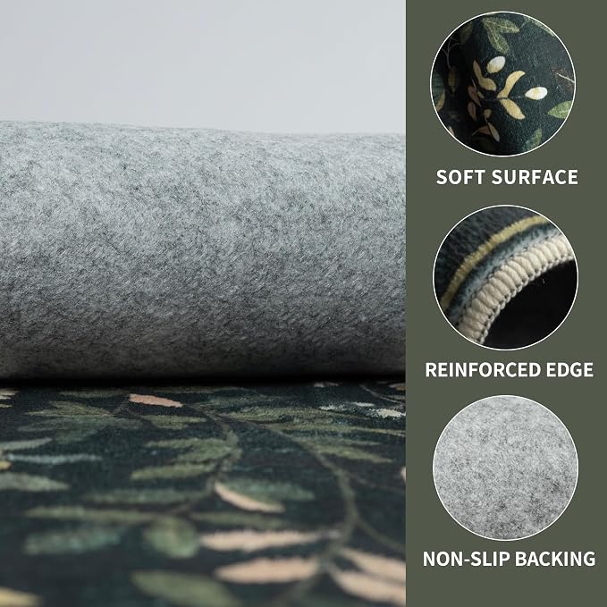 8x10 Vintage Washable Area Rug, Green | Living Room,Low Pile Non Slip Carpet Non-Shedding Large Soft Indoor Stain Resistant Floral Print Mat for Bedroom Dining Room