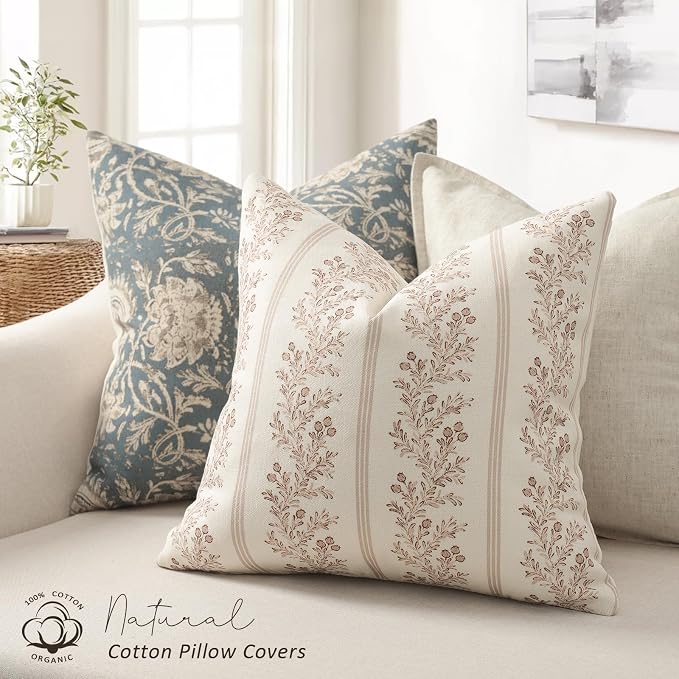 Vintage Throw Pillow Covers 20x20 Set of 2, Striped Floral Pillow Cover Botanical Patterned Decorative Cushion Covers Modern Farmhouse Home Decor for Sofa Couch Bed Living Room, Blush Bloom
