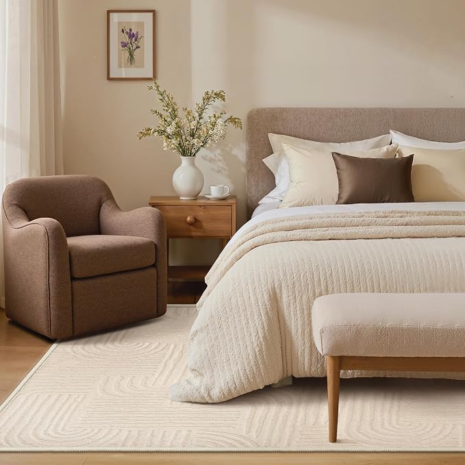 GENIMO Beige Rugs 5x7 Washable Area Rugs for Living Room, Modern Arch 3D Textured Design, Non Slip Shag Soft Carpet, Non-Shedding Cream Throw Accent Carpet for Bedroom, Dining Room, Nursery, Playroom