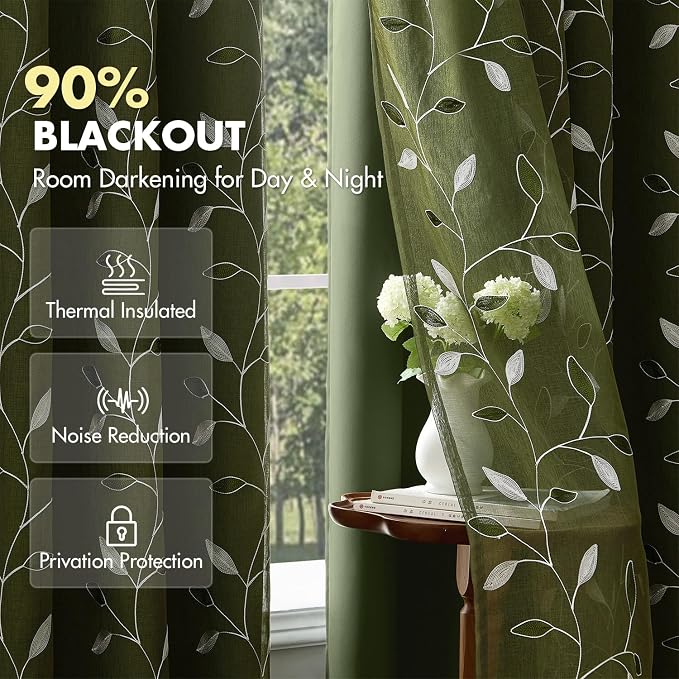 MIULEE Olive Green Double Layer Curtains 84 Inches Long, Leaf Patterned Sheer Floral Drapes and Blackout Room Darkening Window Curtains for Living Room Bedroom, Grommets Top, 52" W x 84" L, 2 Panels