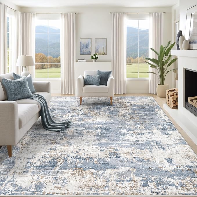 XLUEZ 10x12 Area Rug for Living Room, Washable Modern Abstract Large Area Rug Neutral Soft Non Slip Kids Rug Stain Resistant Indoor Carpet for Bedroom Dining Room Playroom Home Office(Blue, 10'x12')