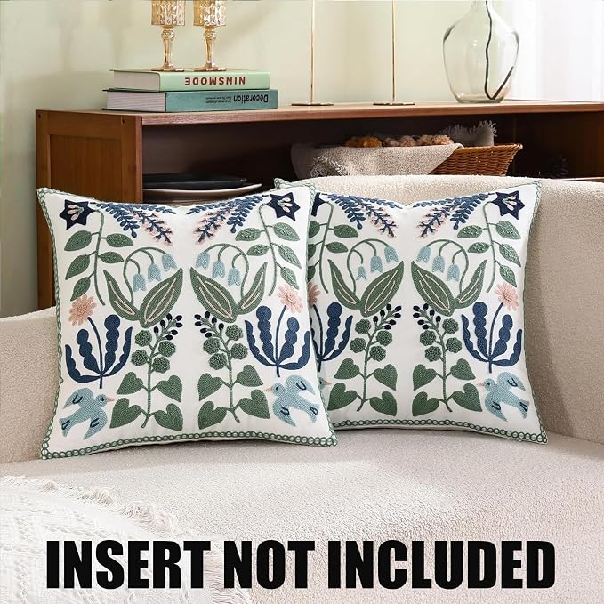 Embroidered Throw Pillow Covers 16x16 Pack of 2 Green Leaves with Birds Floral Tufted Pillowcases Summer Decor Coastal Pillow Cushion Cases Square Navy Blue Flower Pillow Case