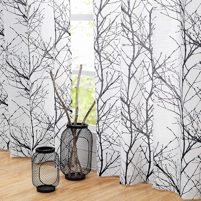 FMFUNCTEX Linen Black White Semi Sheer Print Curtains 45 Inch Long 2 Panels | Short Sheer Branch Patterned Drapes, Light Filtering Grommet Panels for Kitchen, Bathroom, Cafe Windows and Farmhouse Curtain